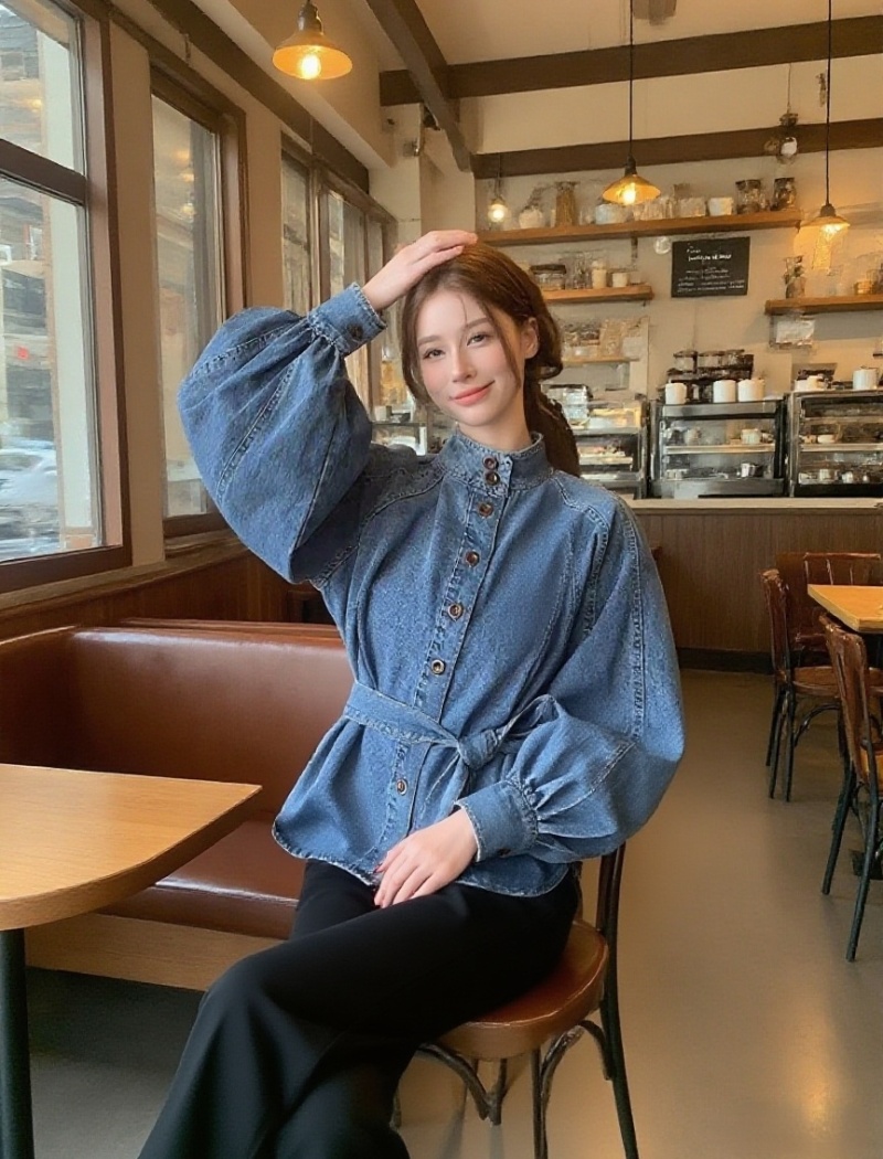 All-match retro bandage lantern sleeve cstand collar tops