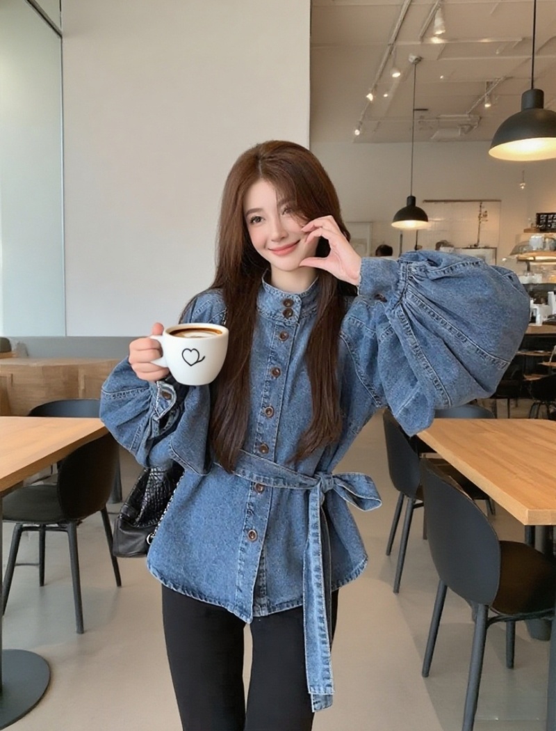 All-match retro bandage lantern sleeve cstand collar tops