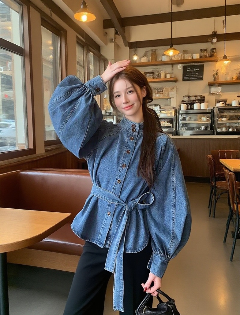 All-match retro bandage lantern sleeve cstand collar tops