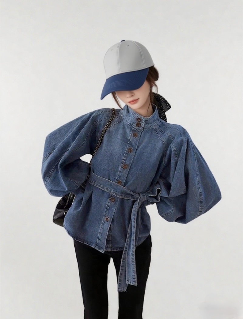 All-match retro bandage lantern sleeve cstand collar tops