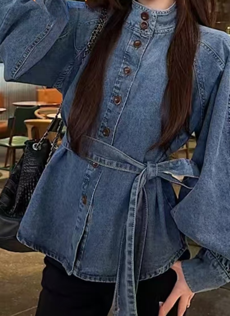 All-match retro bandage lantern sleeve cstand collar tops