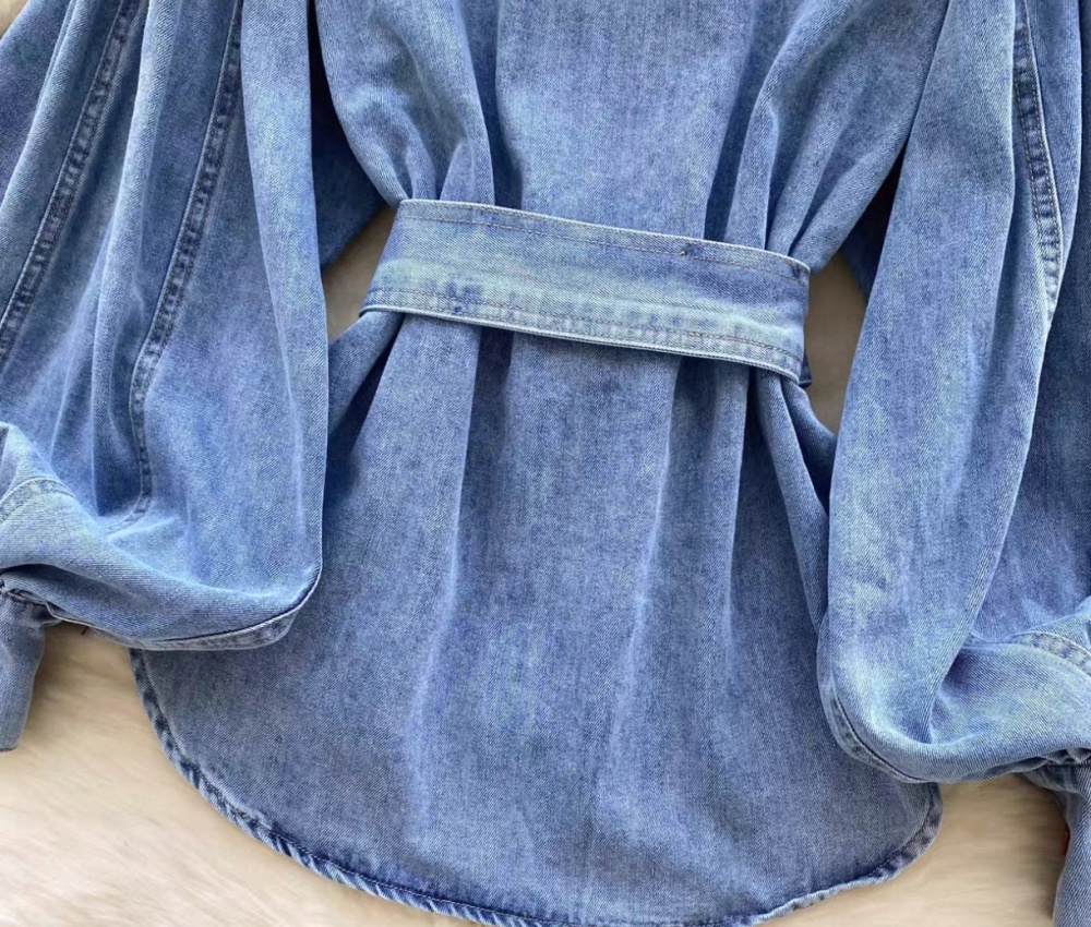 All-match retro bandage lantern sleeve cstand collar tops