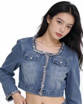 Square collar blue denim fashion sequins Casual washed coat
