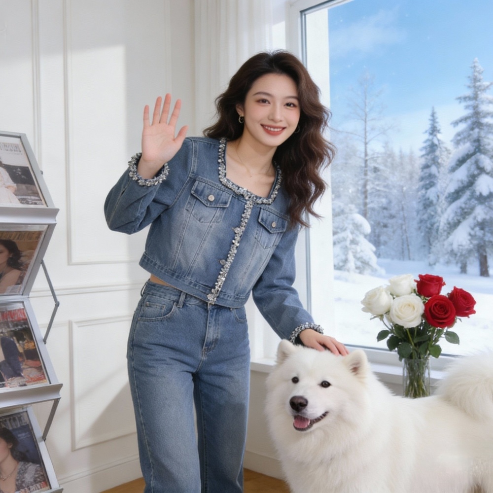 Square collar blue denim fashion sequins Casual washed coat