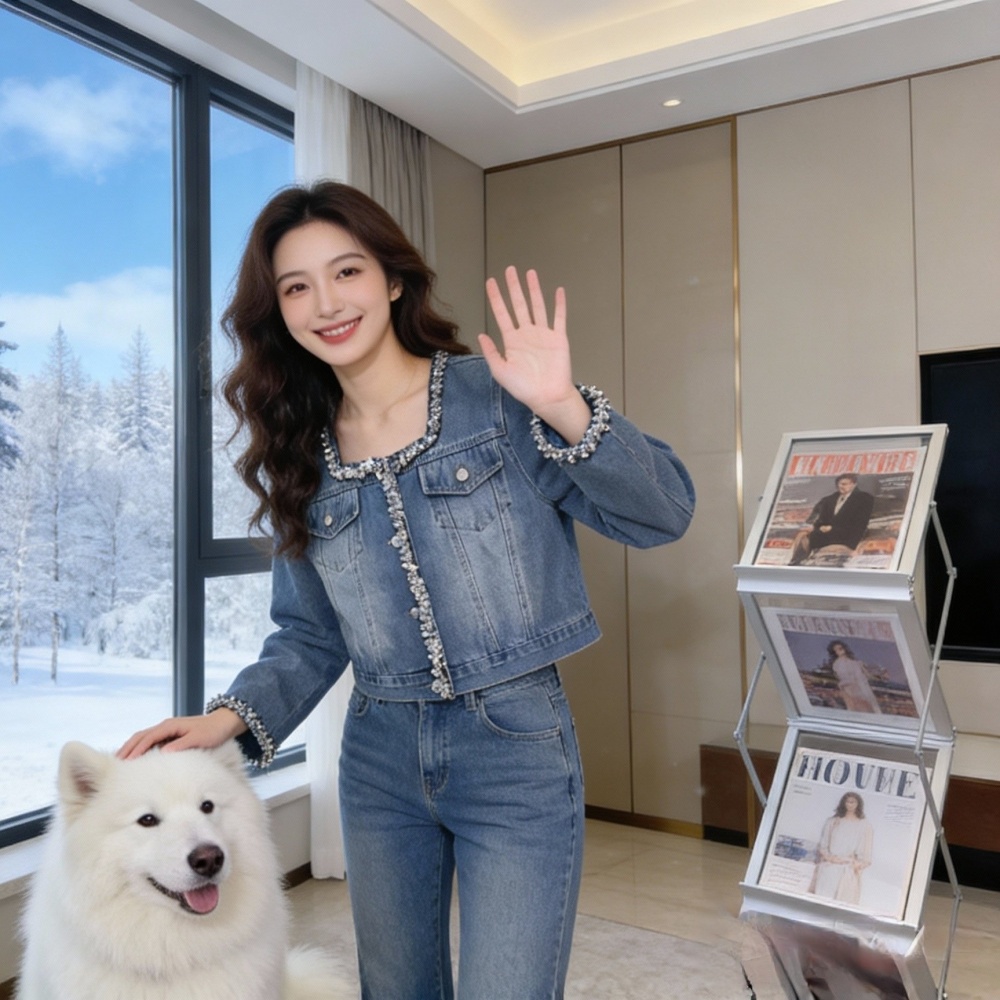 Square collar blue denim fashion sequins Casual washed coat