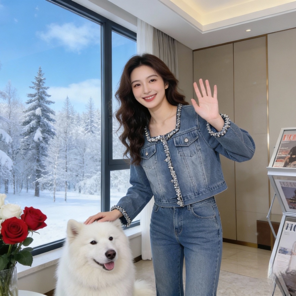 Square collar blue denim fashion sequins Casual washed coat