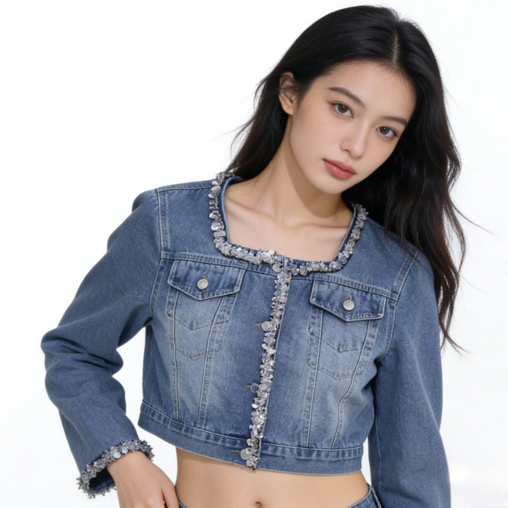 Square collar blue denim fashion sequins Casual washed coat
