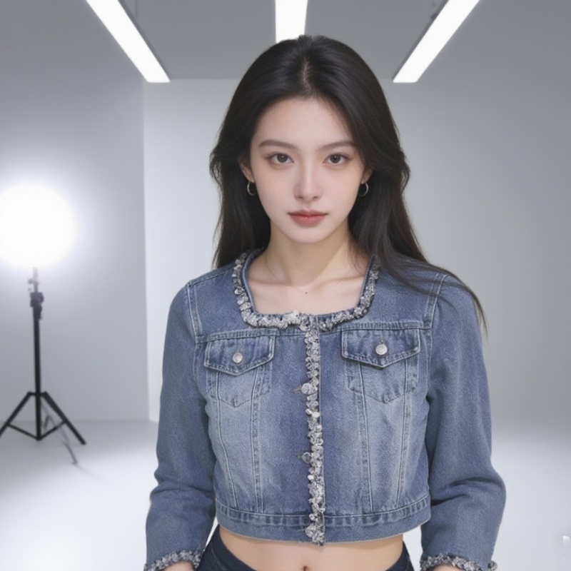 Square collar blue denim fashion sequins Casual washed coat