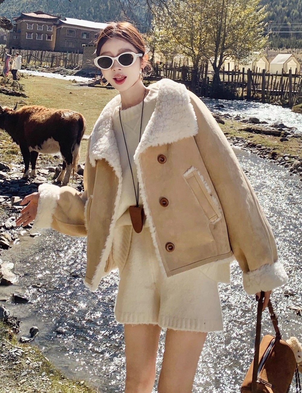 Plus velvet short thick coat lambs wool tops for women