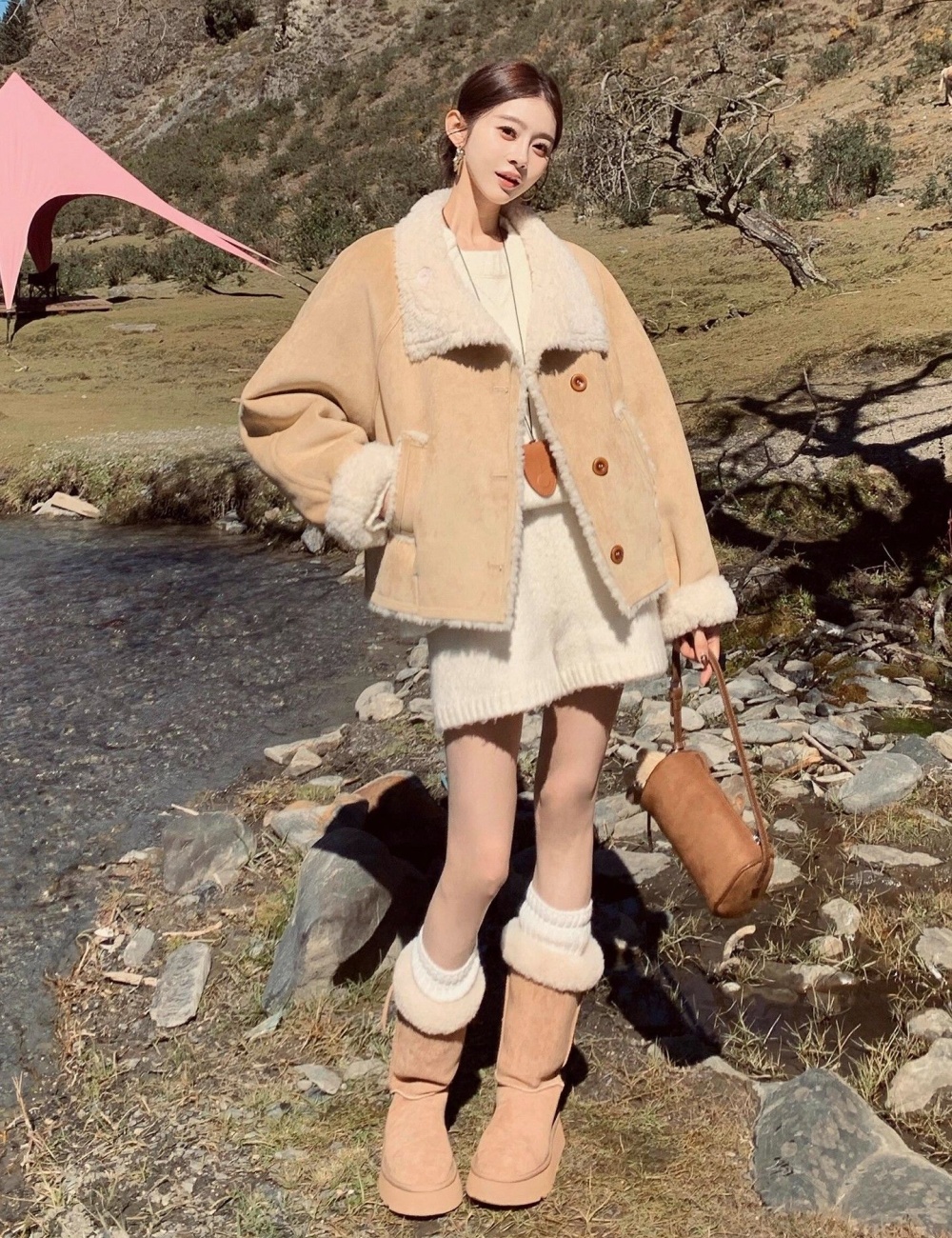 Plus velvet short thick coat lambs wool tops for women