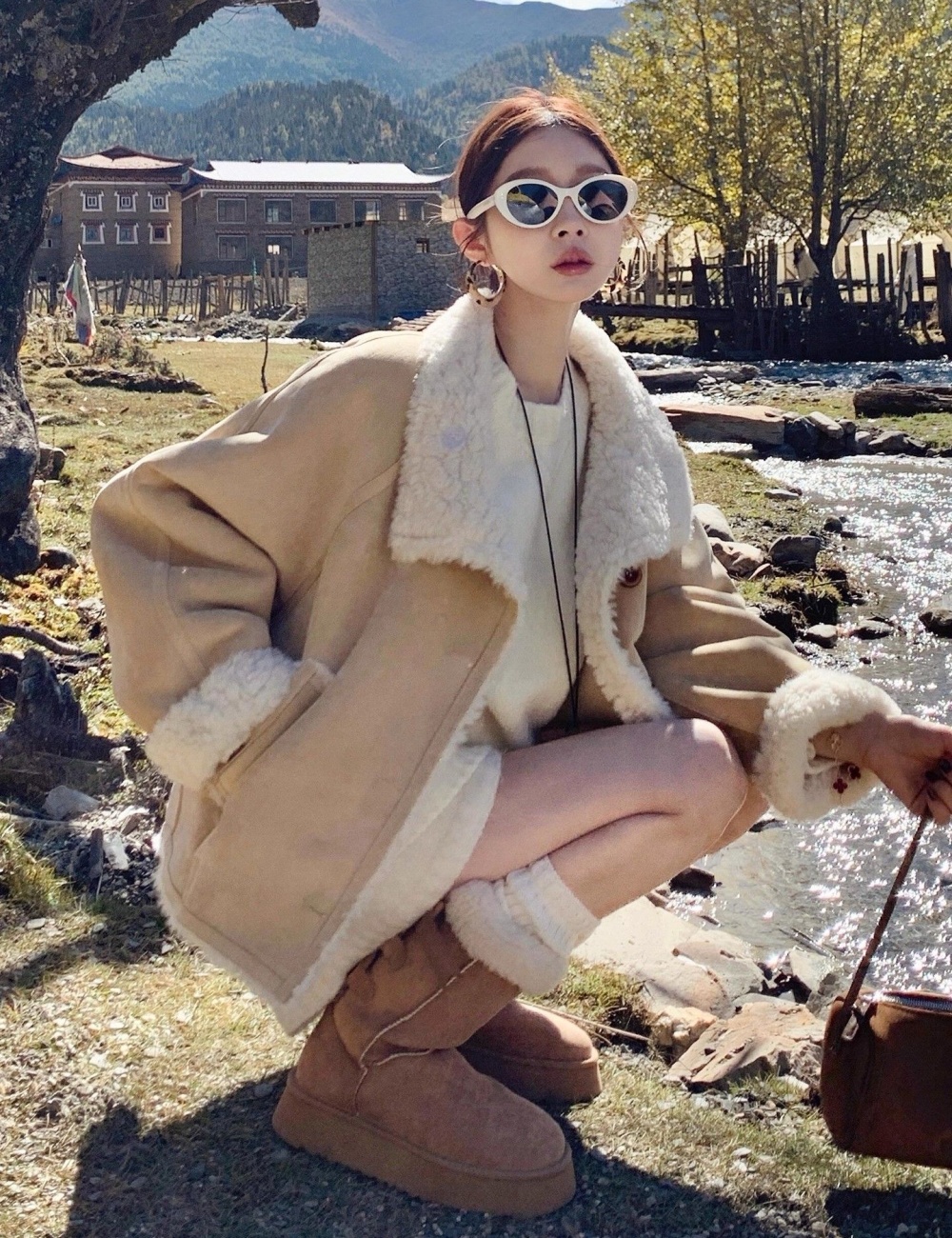 Plus velvet short thick coat lambs wool tops for women