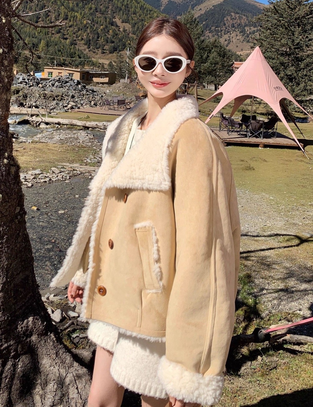 Plus velvet short thick coat lambs wool tops for women