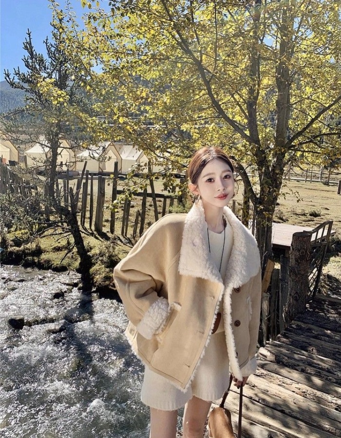 Plus velvet short thick coat lambs wool tops for women