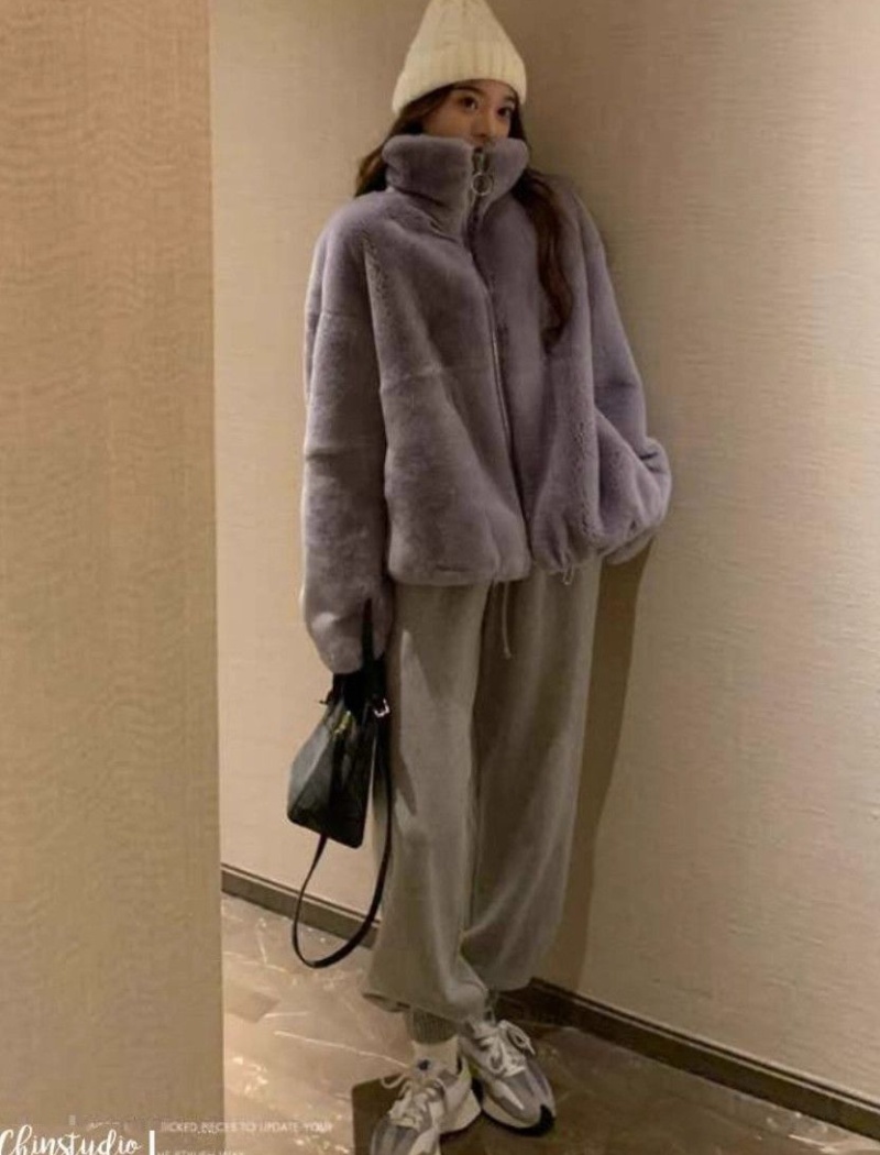 Cstand collar loose coat thick fur coat for women