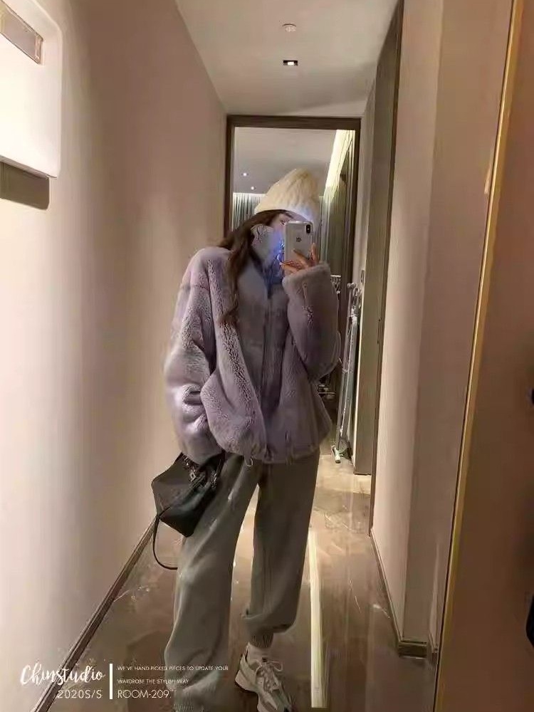 Cstand collar loose coat thick fur coat for women