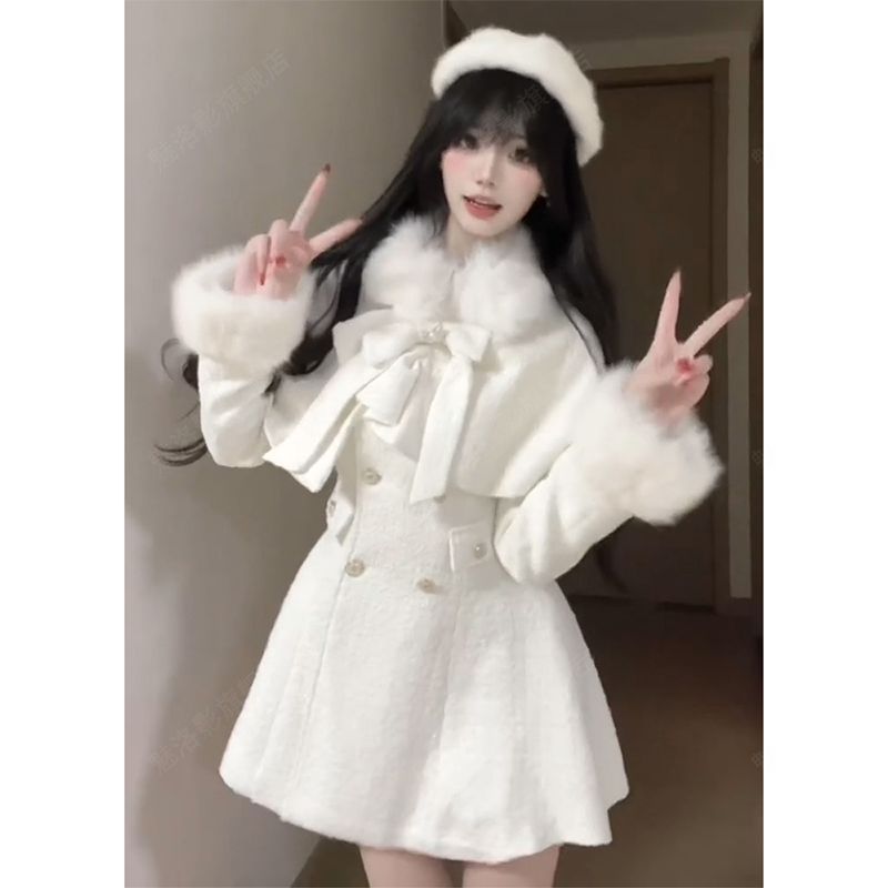 Spring and autumn dress white cloak 2pcs set for women