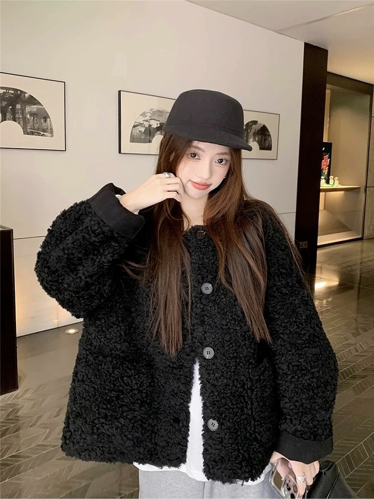 Winter thick lambs wool coat loose short tops for women