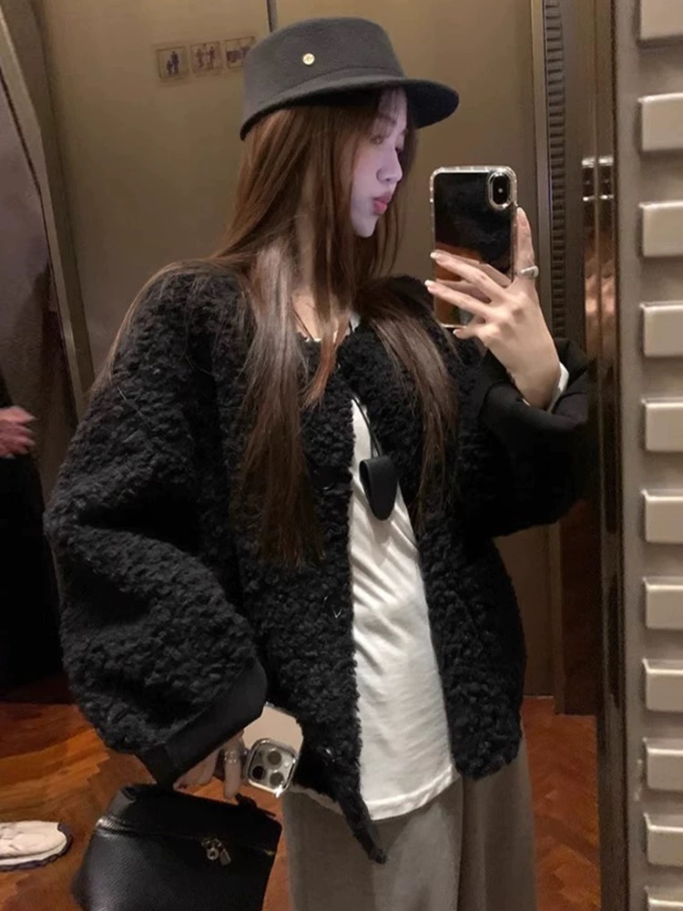 Winter thick lambs wool coat loose short tops for women