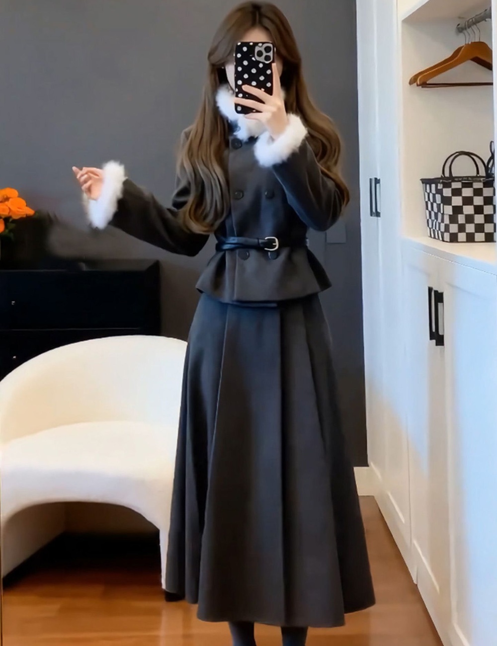 Autumn and winter skirt fur collar coat 2pcs set for women