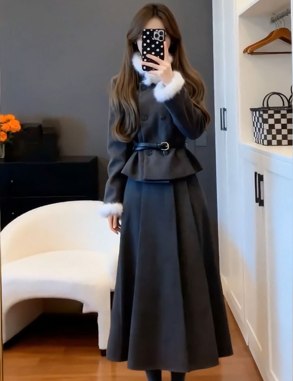 Autumn and winter skirt fur collar coat 2pcs set for women