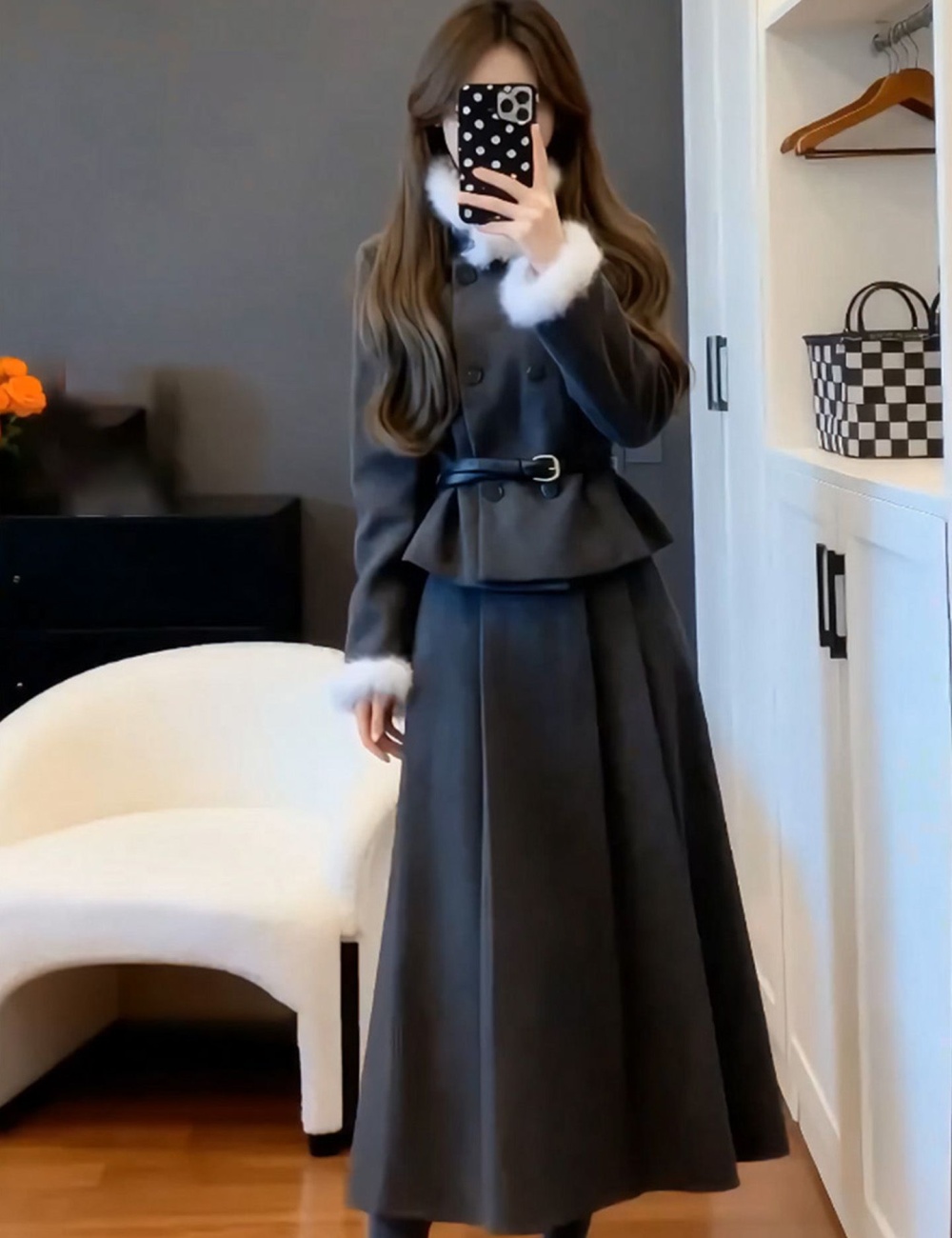Autumn and winter skirt fur collar coat 2pcs set for women