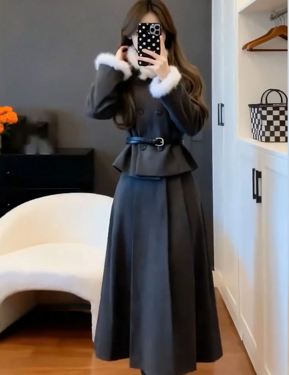 Autumn and winter skirt fur collar coat 2pcs set for women