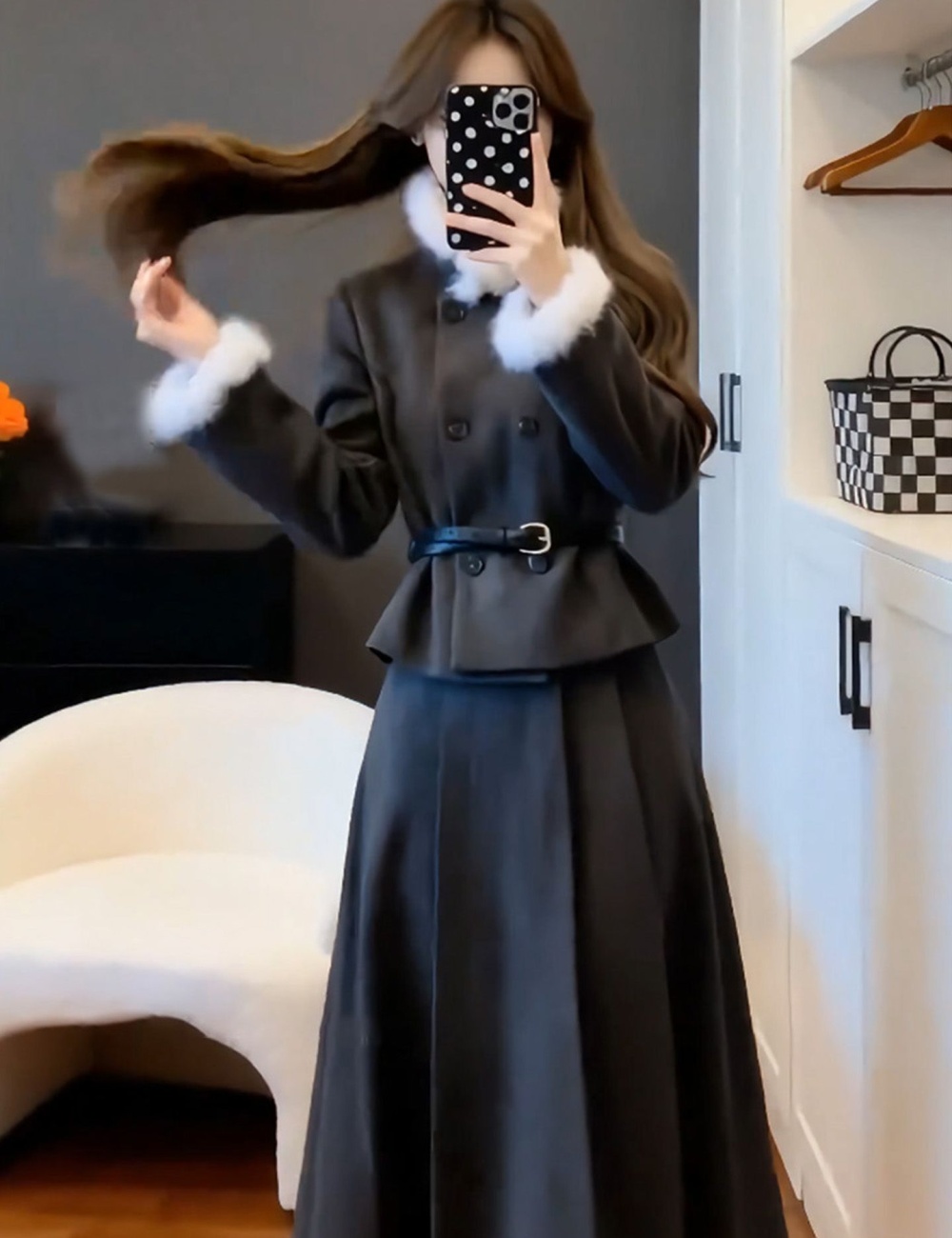 Autumn and winter skirt fur collar coat 2pcs set for women