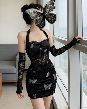 Package hip with lace sleeves T-back velvet dress