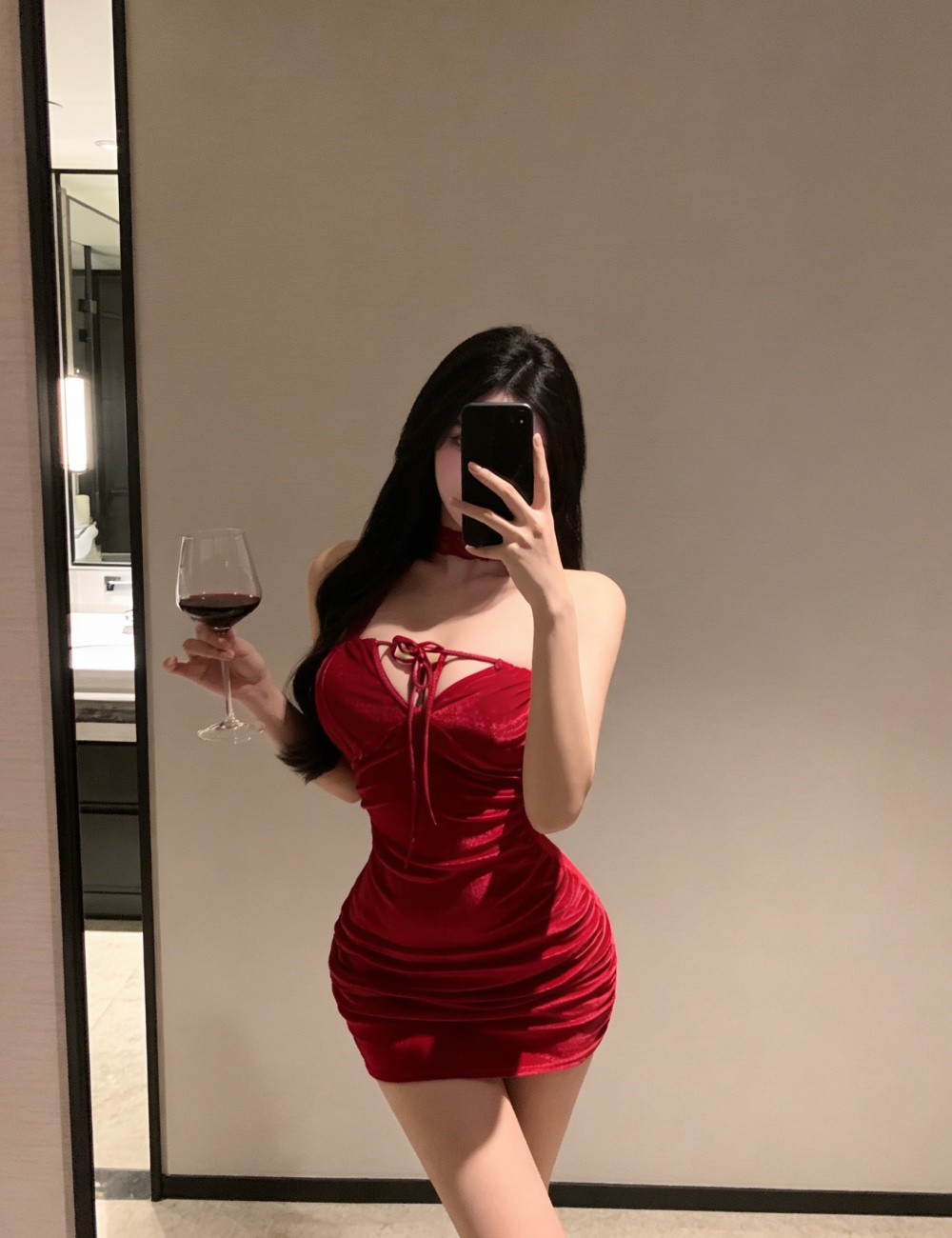 Red package hip show chest wrapped chest velvet dress