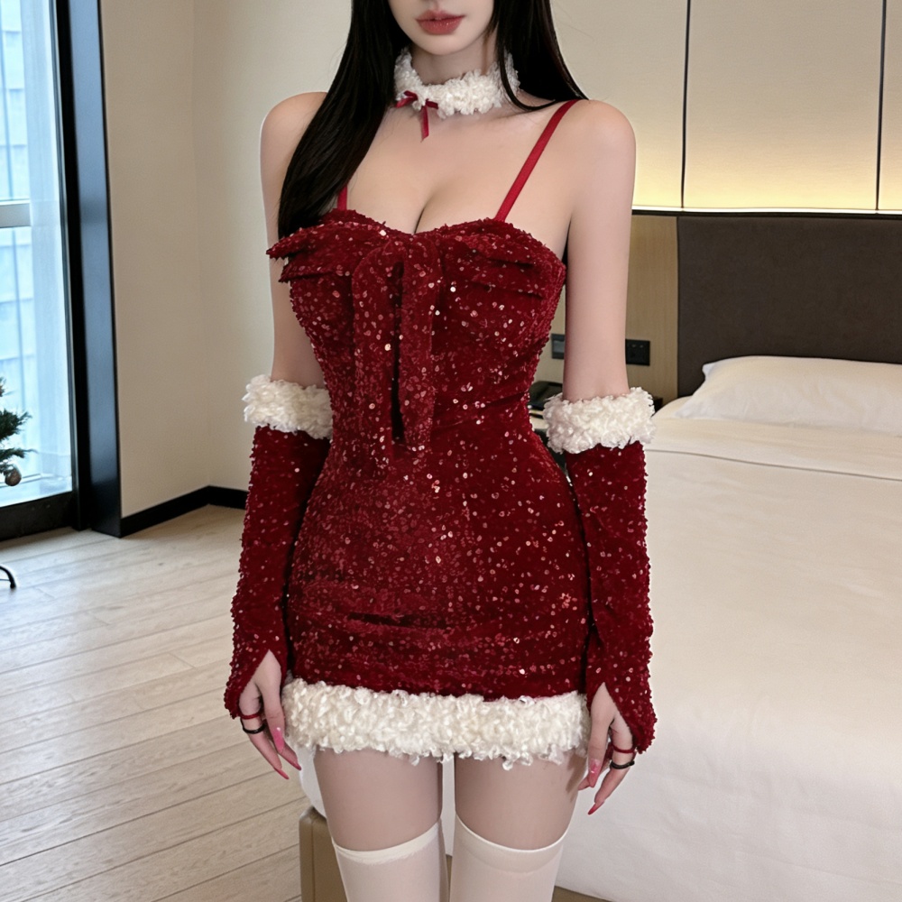Sling winter package hip dress christmas sexy sequins Gloves