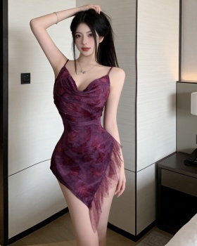 Slim butterfly lotus leaf edges elasticity dress for women