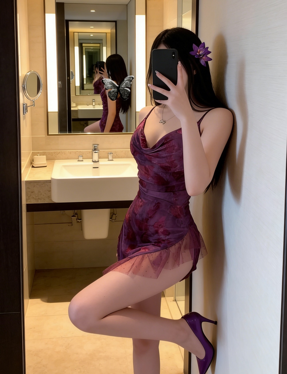 Slim butterfly lotus leaf edges elasticity dress for women