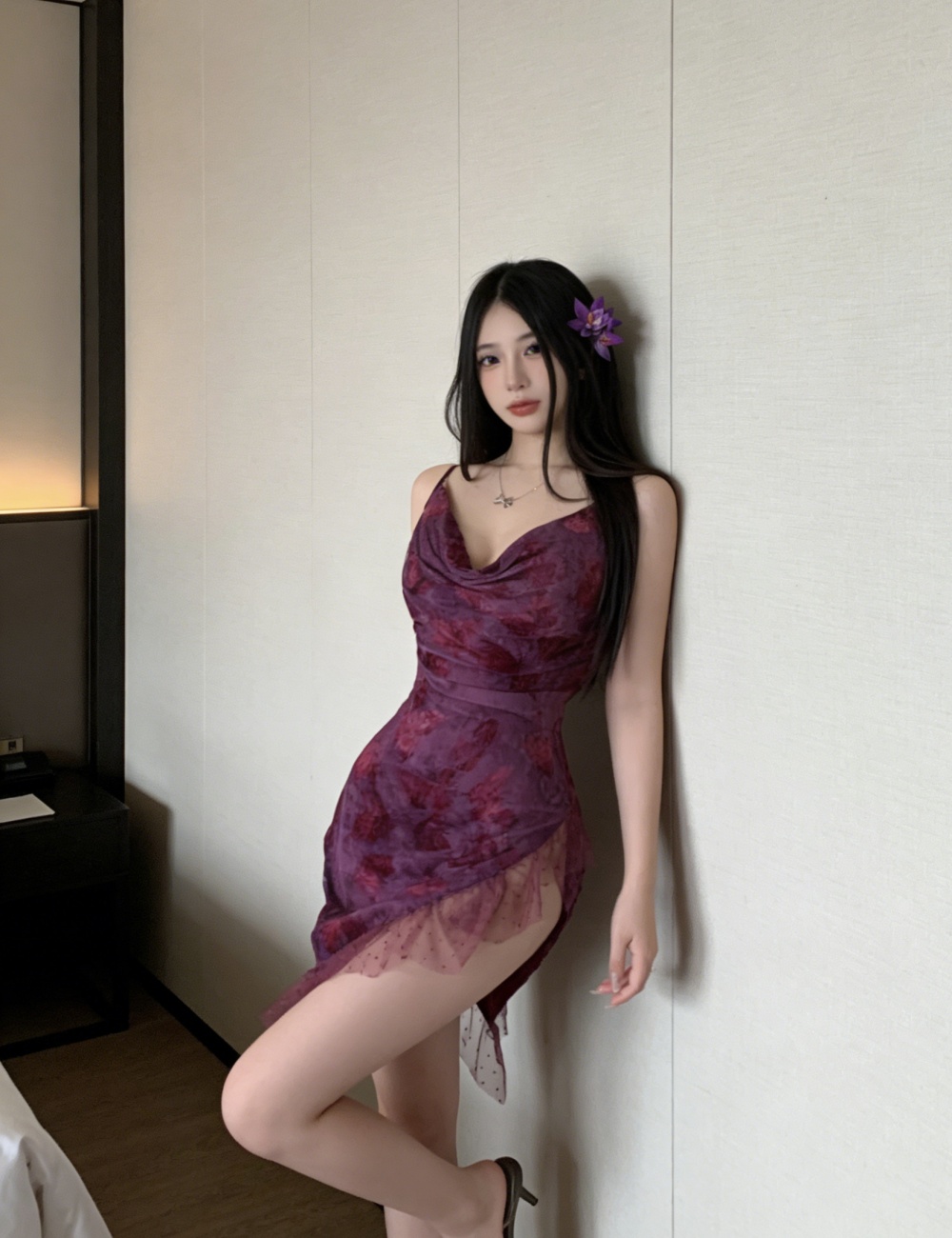 Slim butterfly lotus leaf edges elasticity dress for women