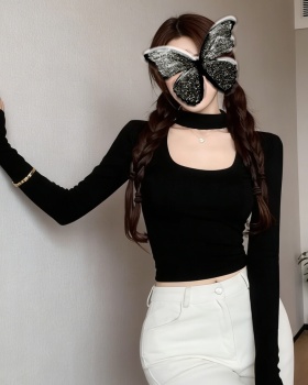 Slim chest hollow tops long sleeve short T-shirt for women