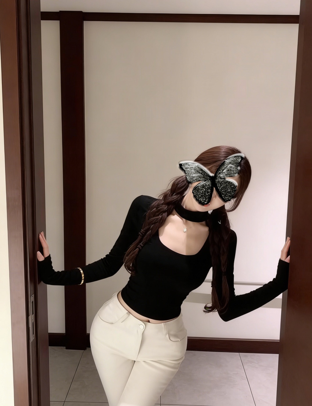 Slim chest hollow tops long sleeve short T-shirt for women