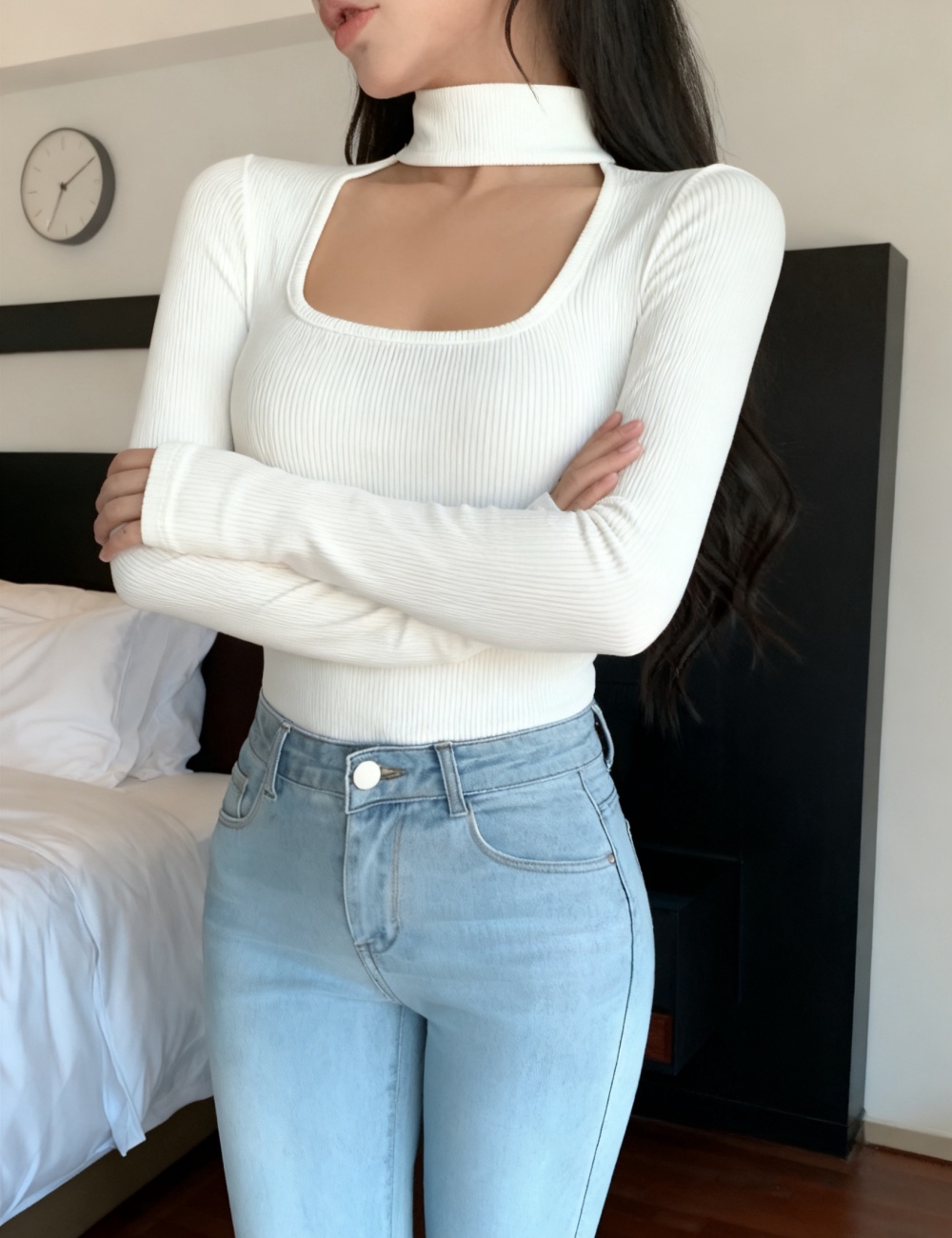 Slim chest hollow tops long sleeve short T-shirt for women