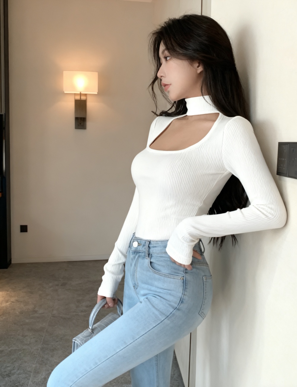 Slim chest hollow tops long sleeve short T-shirt for women