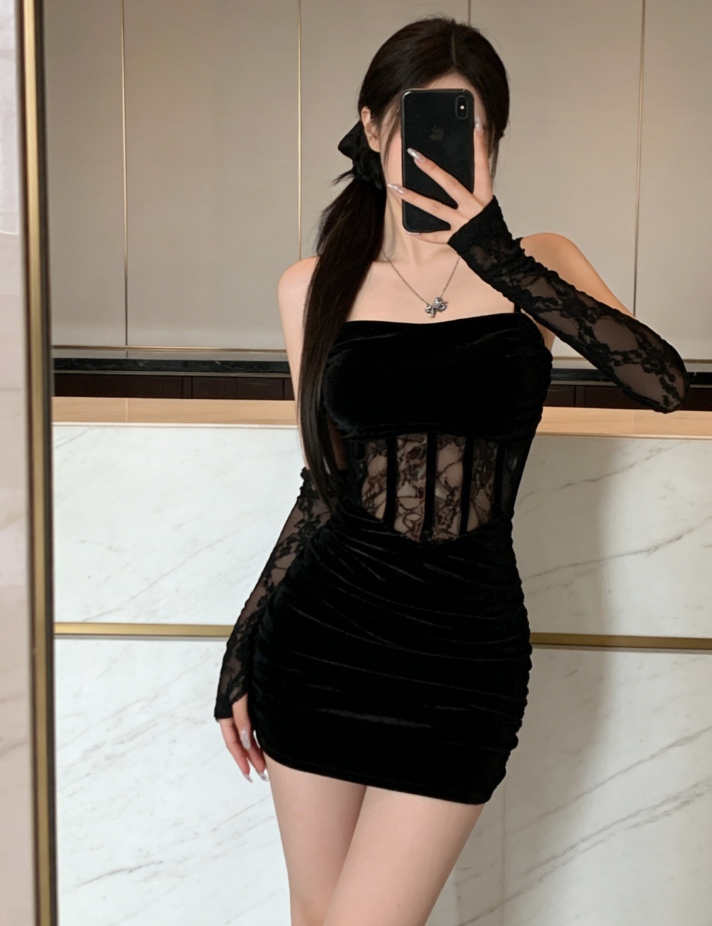 Lace sexy with spicegirl dress sling slim velvet Gloves