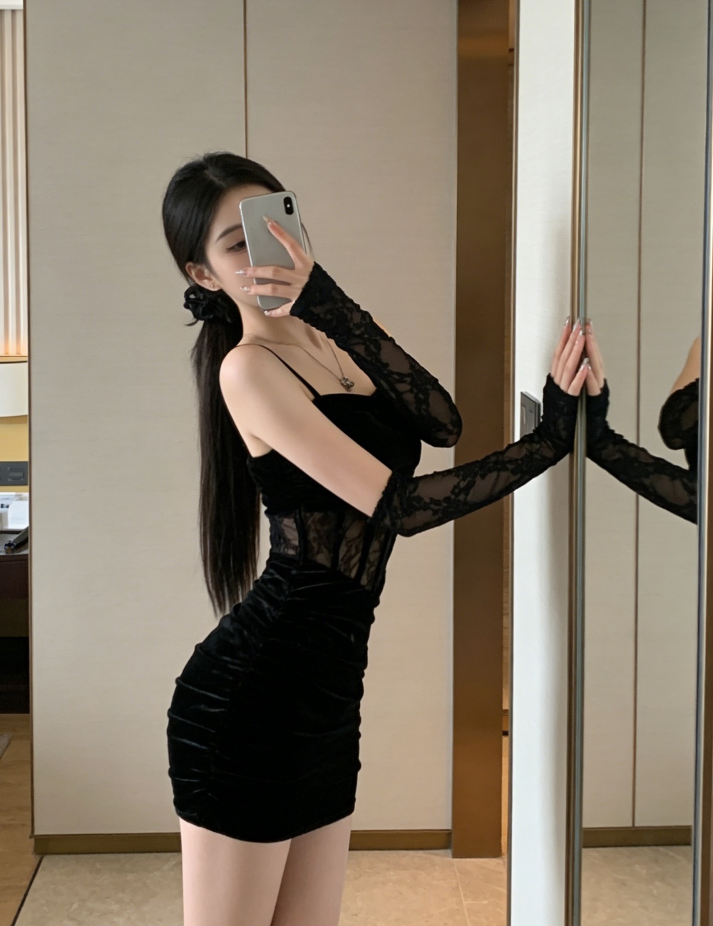 Lace sexy with spicegirl dress sling slim velvet Gloves