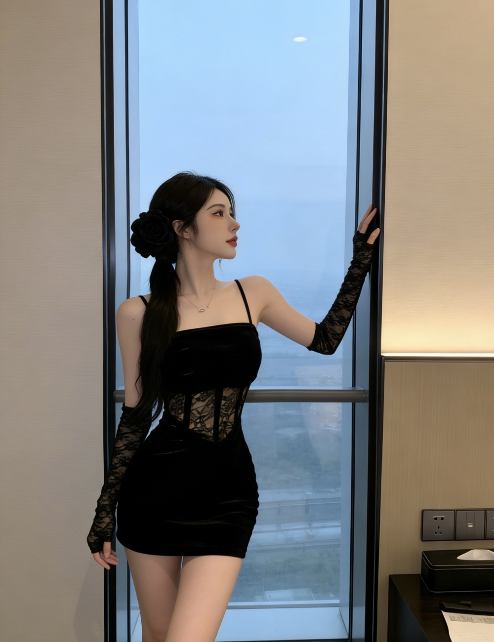 Lace sexy with spicegirl dress sling slim velvet Gloves