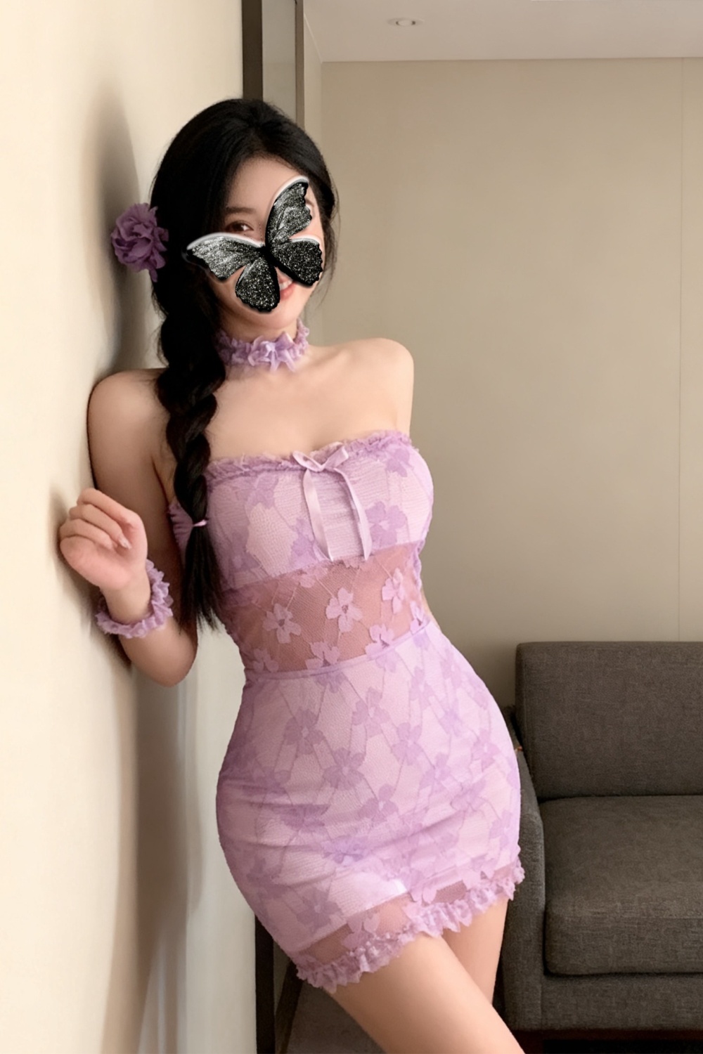 Purple hollow dress lace T-back for women