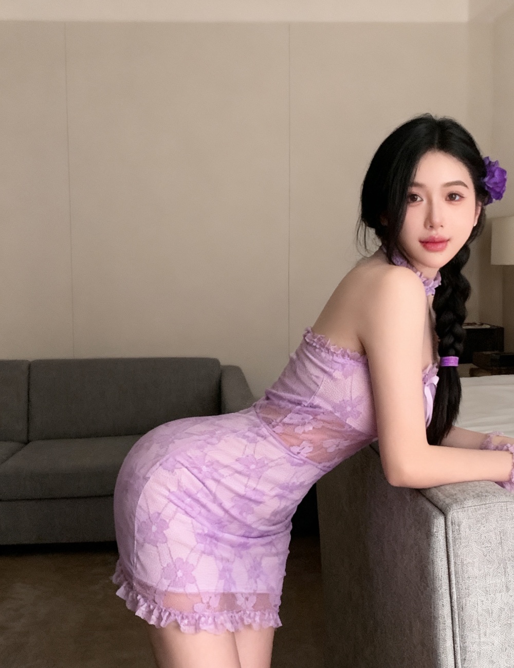 Purple hollow dress lace T-back for women