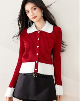 Winter slim plush tops knitted splice lapel cardigan