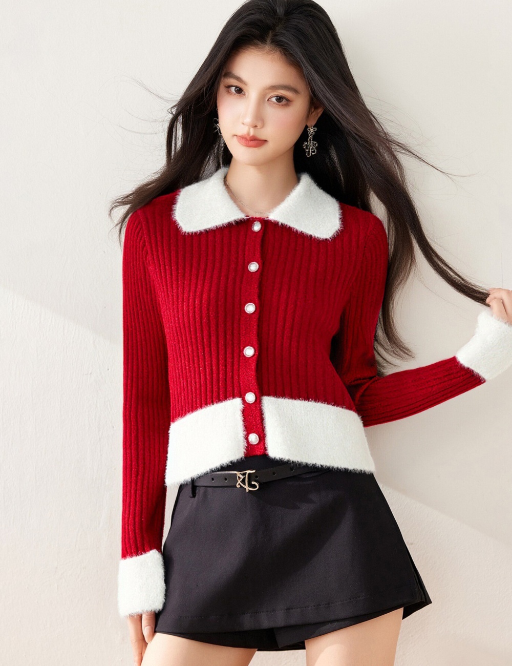Winter slim plush tops knitted splice lapel cardigan