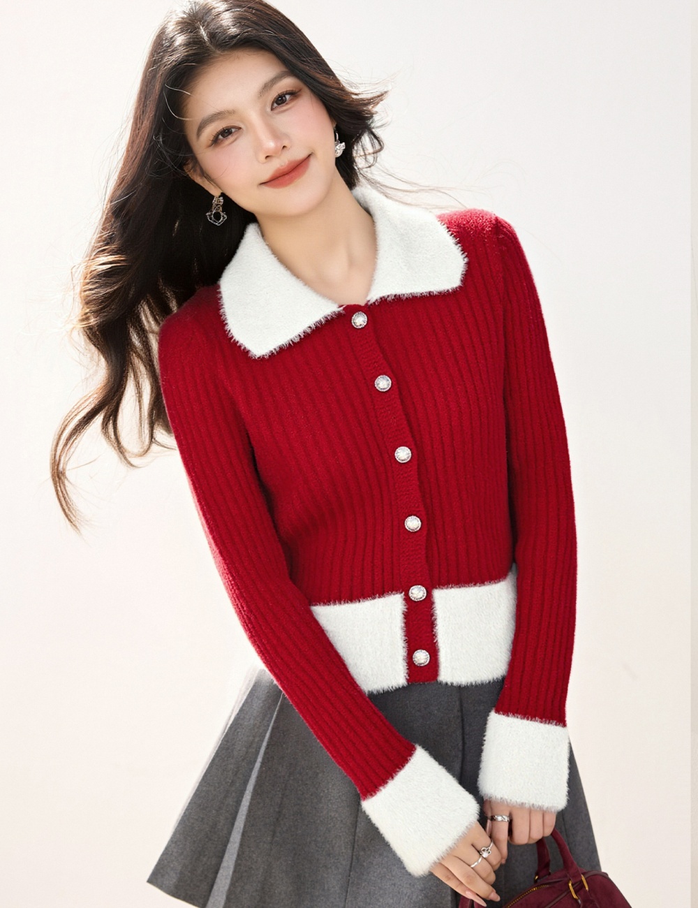 Winter slim plush tops knitted splice lapel cardigan