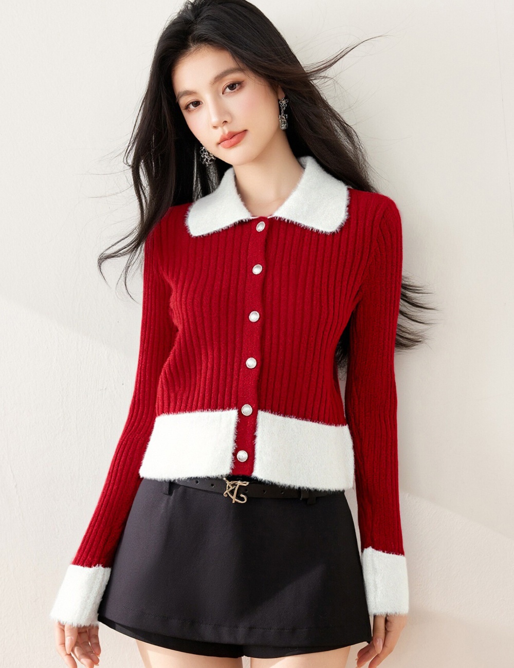 Winter slim plush tops knitted splice lapel cardigan