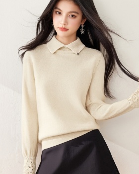 Winter pullover hollow hook flower lapel cuff sweater