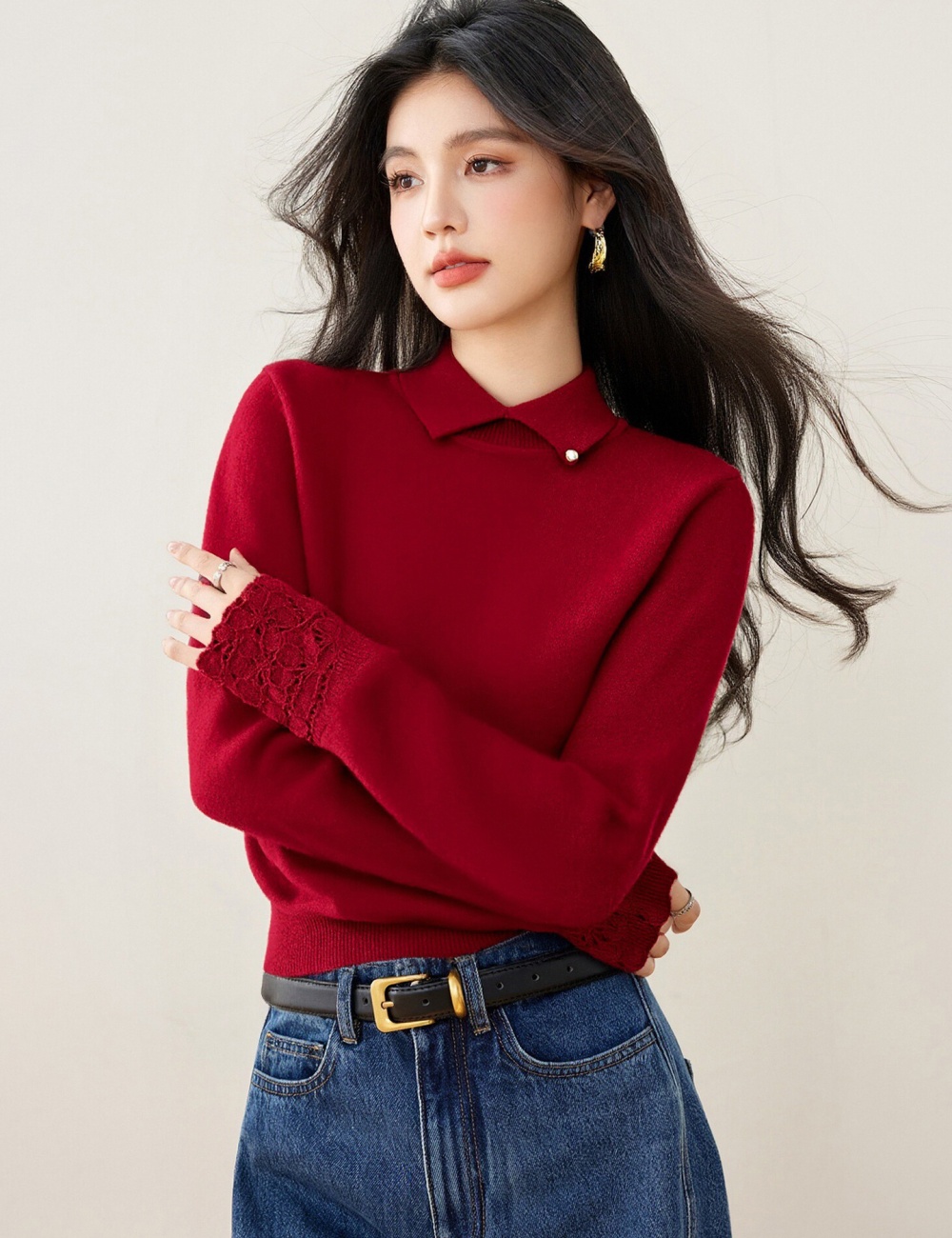 Winter pullover hollow hook flower lapel cuff sweater