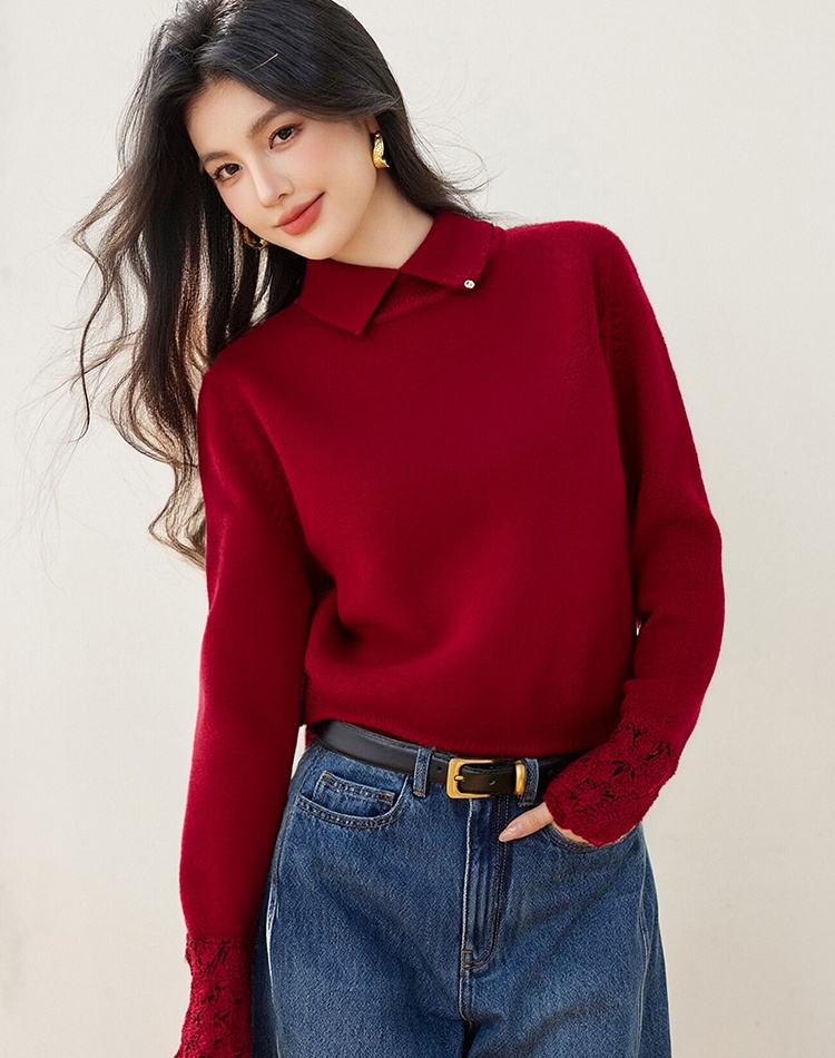 Winter pullover hollow hook flower lapel cuff sweater