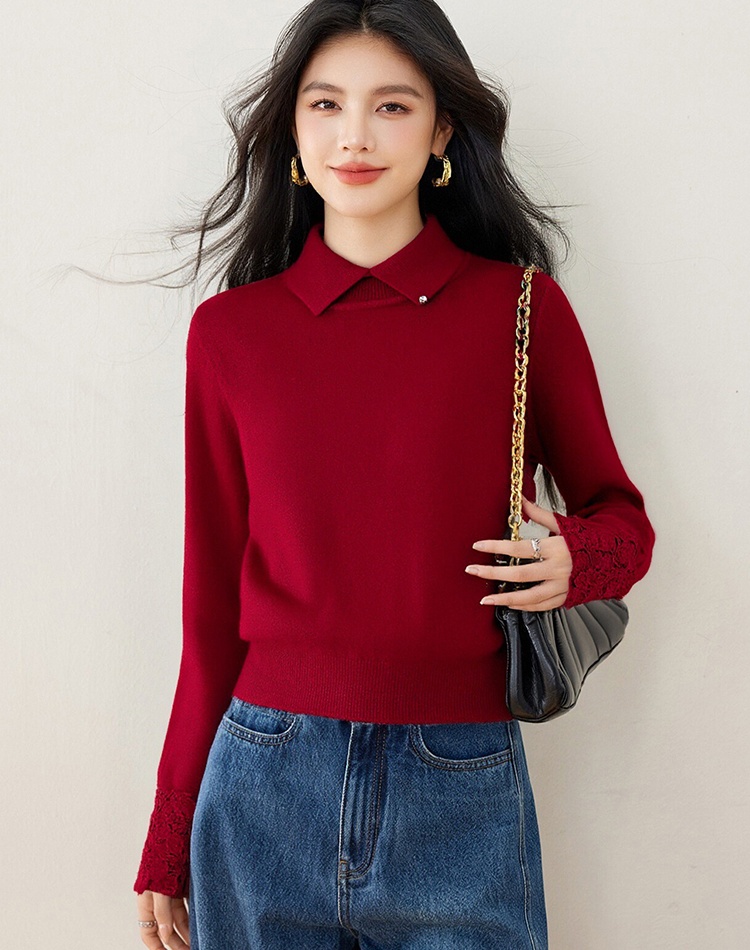 Winter pullover hollow hook flower lapel cuff sweater